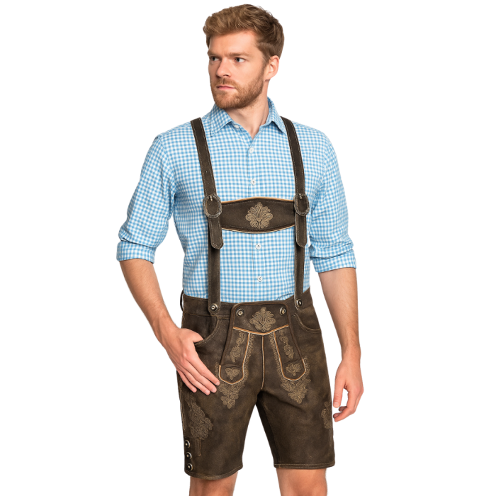 Męskie krótkie spodnie lederhosen, brązowe. Stylowa odzież bawarska na festyny i imprezy.