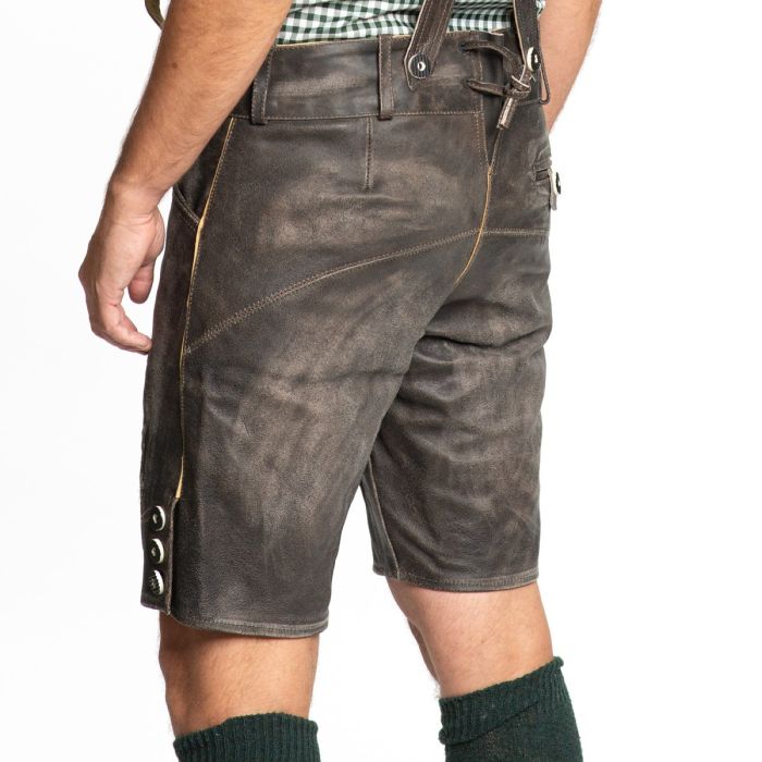 Krótkie lederhosen męskie, brązowe. Wygodne bawarskie spodnie na Oktoberfest, festyny i tradycyjne imprezy.