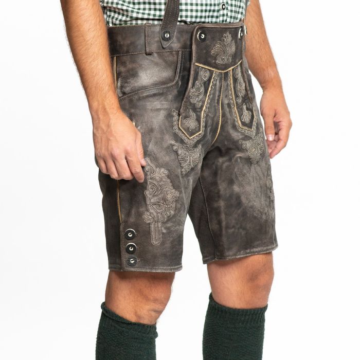 Męskie tradycyjne lederhosen, krótkie. Skórzane spodnie z detalami na Oktoberfest i uroczystości.