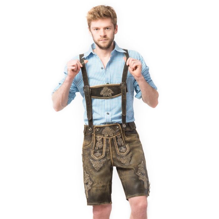 Męskie krótkie lederhosen na Oktoberfest. Stylowe bawarskie spodnie idealne na festyn.