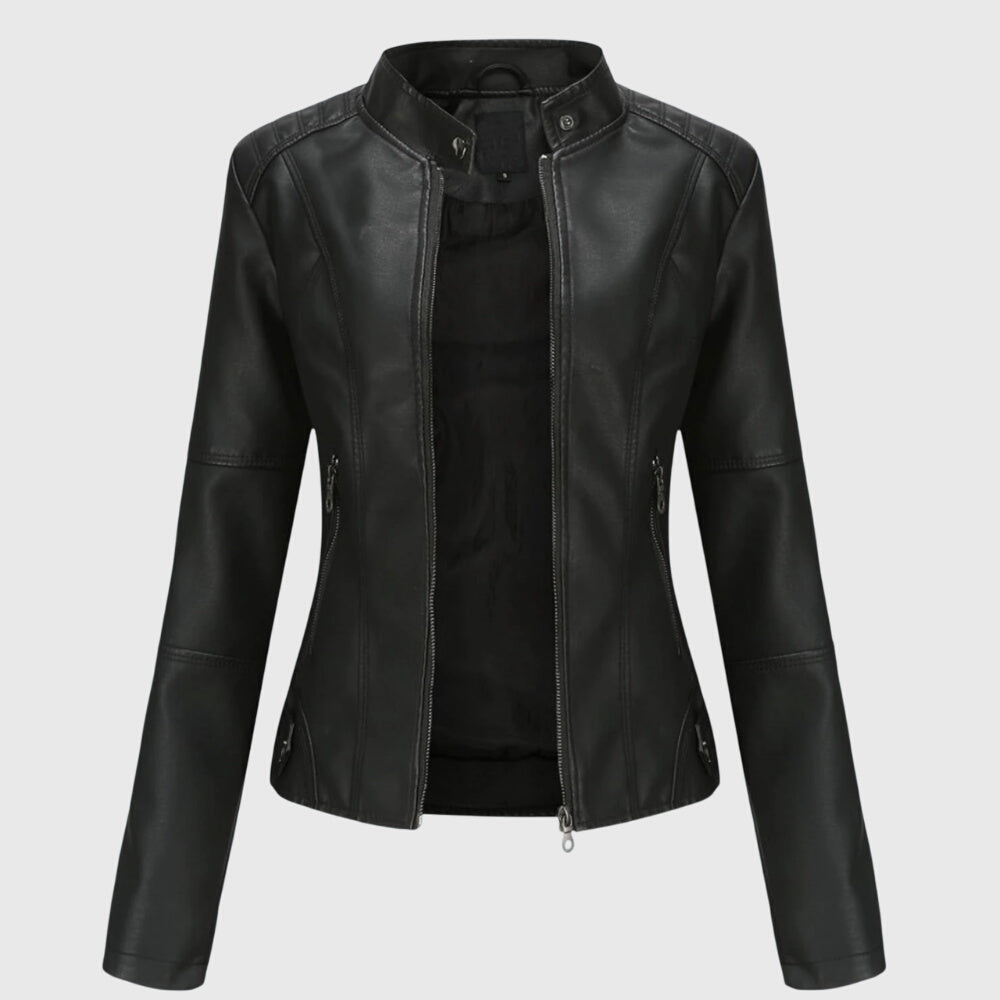 Damska kurtka biker w eleganckim stylu, idealna jako odzież wierzchnia na wiosnę i jesień.