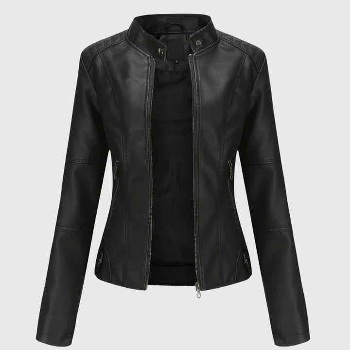 Damska kurtka biker w eleganckim stylu, idealna jako odzież wierzchnia na wiosnę i jesień.