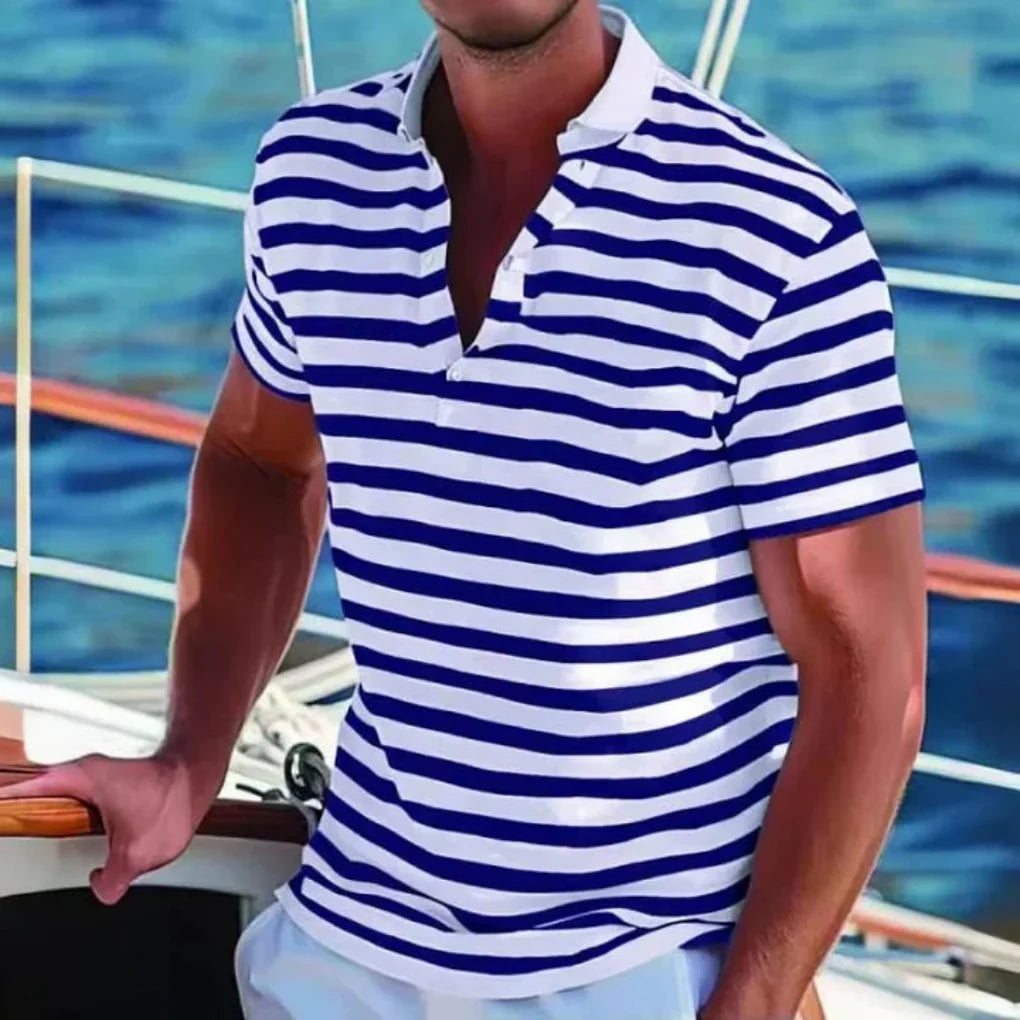 Stylowa męska koszulka polo w paski, design retro. Wygodna dzianina, idealna na każdą porę roku, do wielu outfitów.