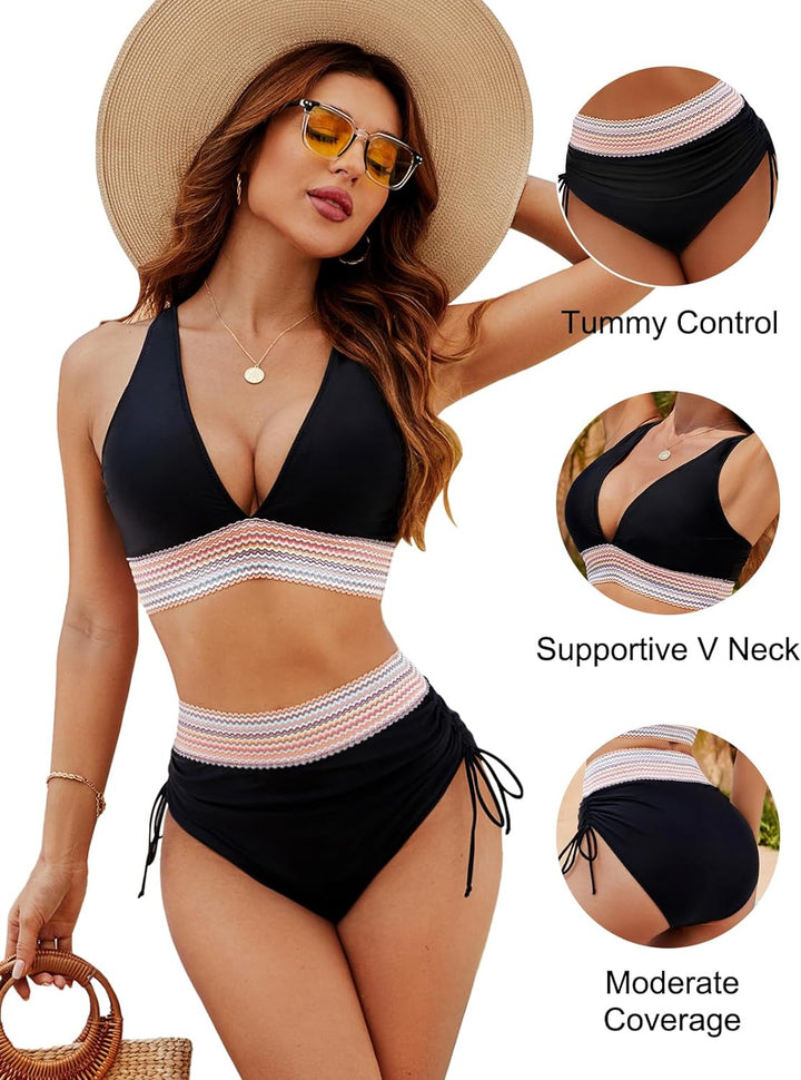 Dwuczęściowe bikini damskie, wysoki stan. Stylowy strój kąpielowy z wiązaniem halter.