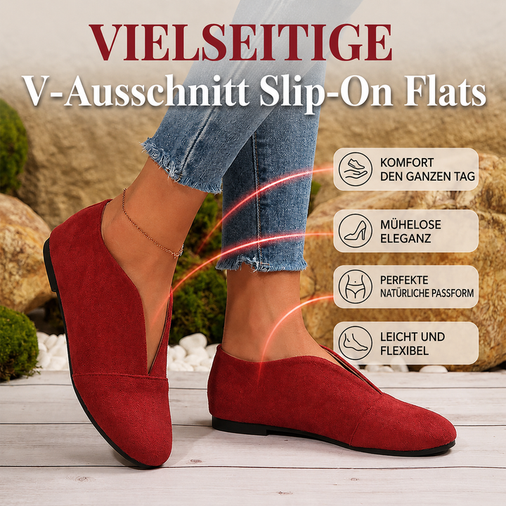 Płaskie buty wsuwane damskie z eleganckim wycięciem V. Wygodne obuwie do codziennego użytku.