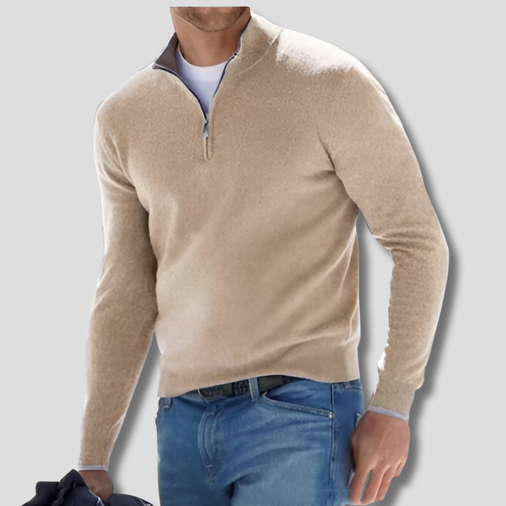 Męski sweter z dzianiny bawełnianej z zamkiem, stójką. Komfortowy, casualowy styl na co dzień.