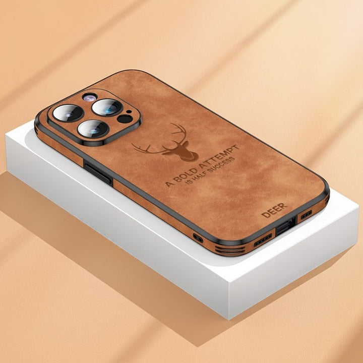 Stylowe etui na iPhone'a Veltro, sarnia skóra, ochrona aparatu, premium wykończenie.