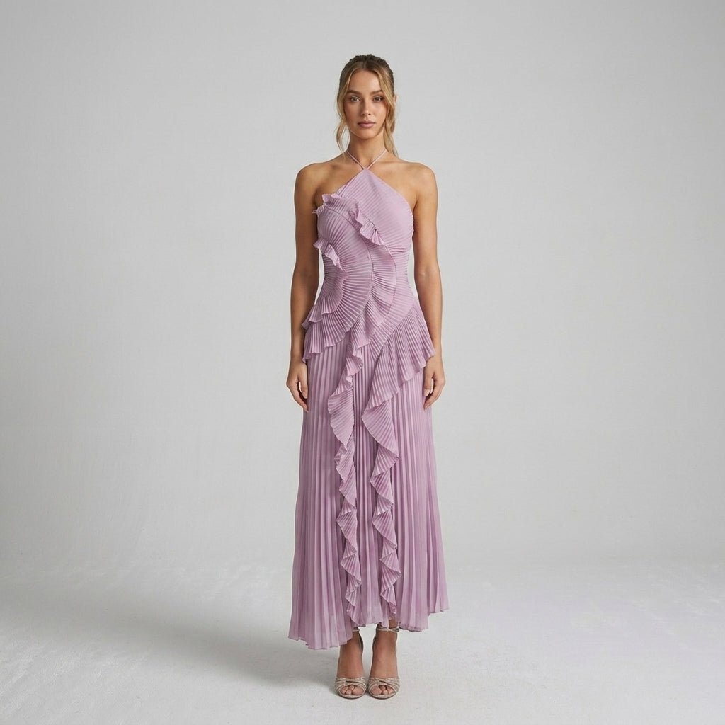 Sukienka midi damska halter, elegancka, z falbanami i plisowaniem. Idealna na galę lub bal.