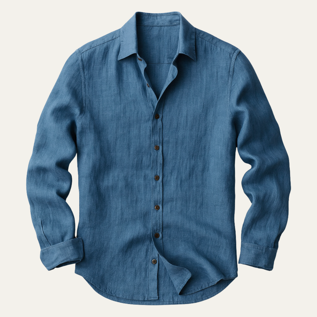 Przewiewna męska koszula z długim rękawem w stylu retro. Wygodna i modna, doskonała na lato, do eleganckich i casualowych stylizacji.