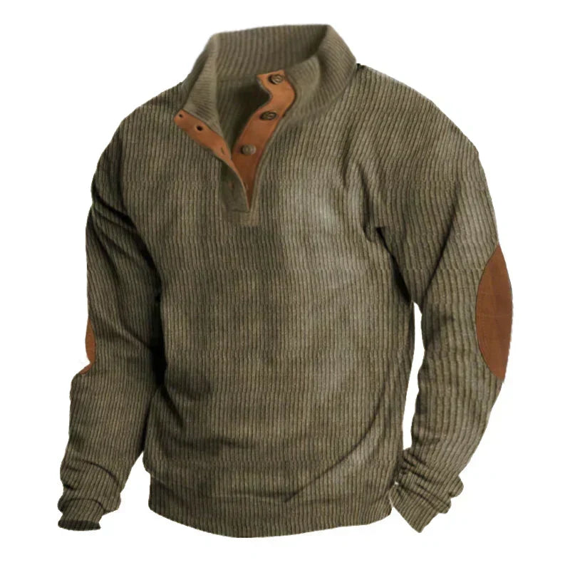 Ciepły sweter męski Armand z guzikami i łatkami na łokciach. Klasyczny fason w stylu retro, idealny na zimę.