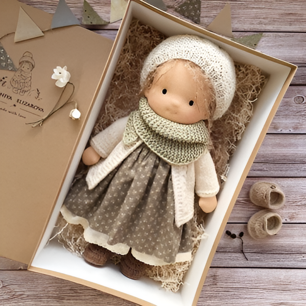 Lalka waldorfska w słonecznym świetle, podkreślająca naturalne barwy i materiały, handmade.