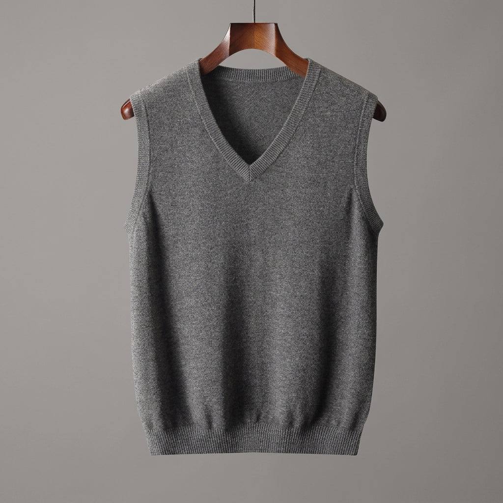Damska kamizelka swetrowa z dekoltem V. Dzianina, modny element stylizacji warstwowej, idealna na jesień.