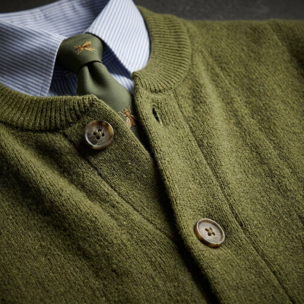 Model prezentuje kardigan dzianinowy unisex z guzikami. Casualowy sweter, wszechstronny do jesiennych stylizacji.