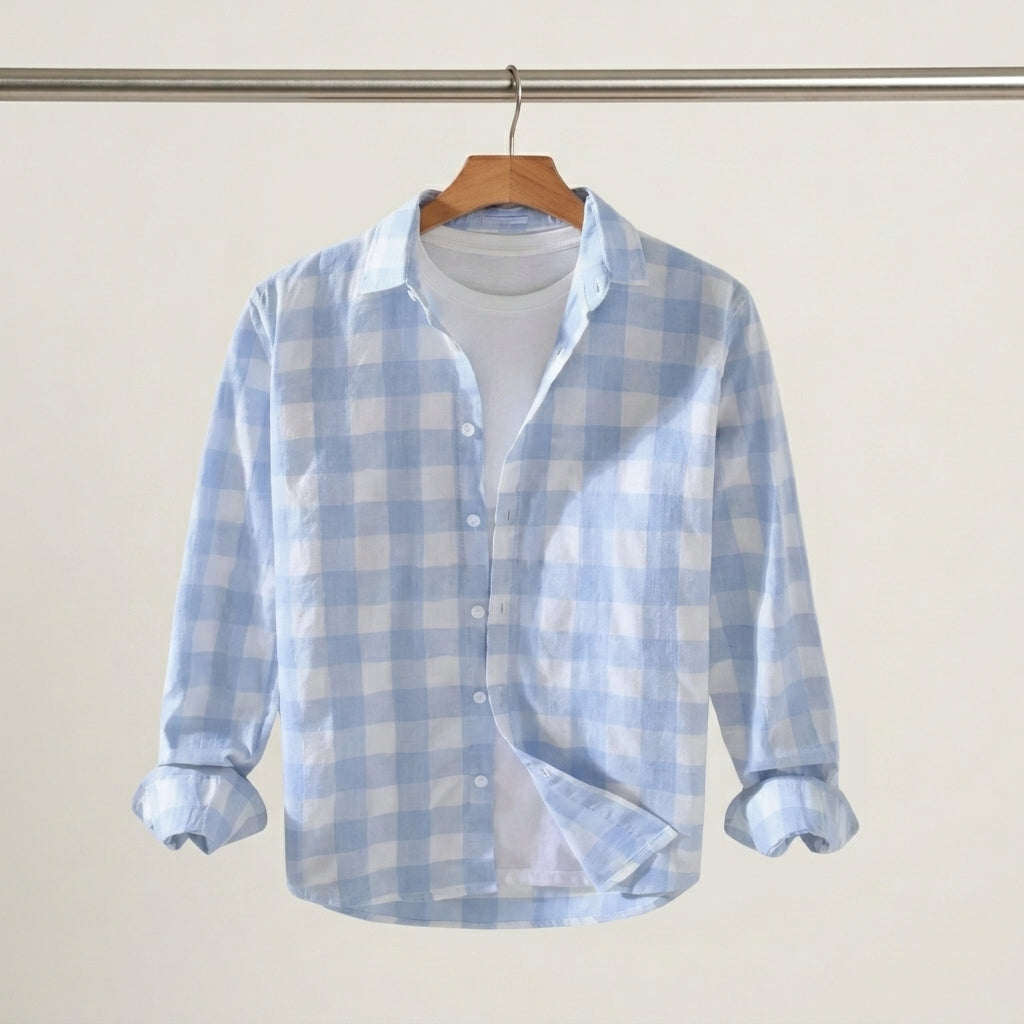 Męska koszula w szaro-niebieską kratę, button down. Klasyczna i codzienna, idealna do stylizacji smart casual.