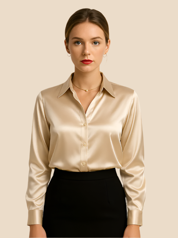 Elegancka satynowa koszula damska, idealna do pracy i na eleganckie okazje.