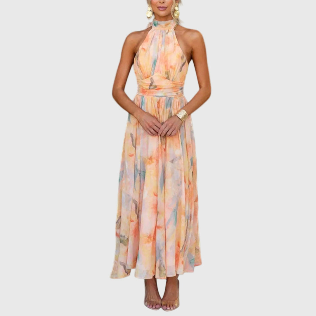 Elegancka damska sukienka maxi halter z odkrytymi plecami, idealna na wieczorne wyjścia i wesele.