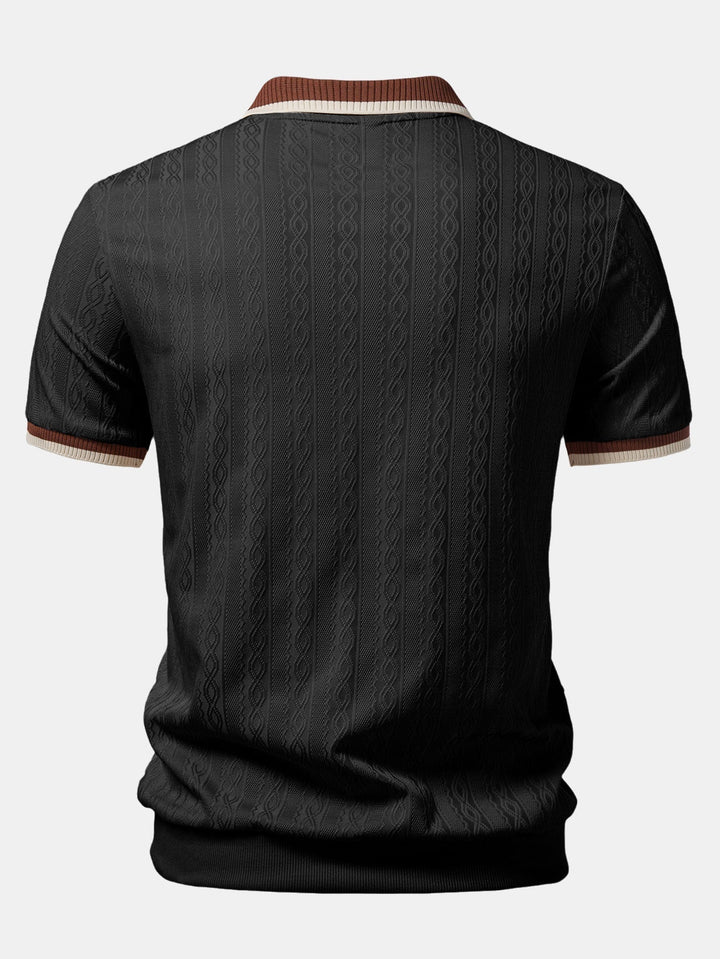 Męska elegancka koszulka polo dzianinowa z zamkiem, krótki rękaw, modny fakturowany wzór.