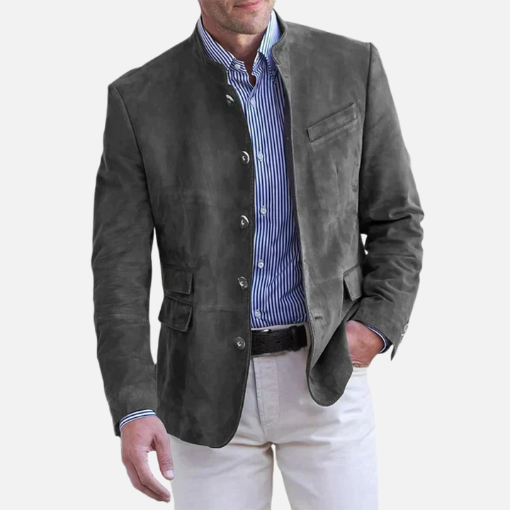 Męska marynarka zamszowa ze stójką. Elegancki casualowy styl, idealna na jesień, modna i wygodna.