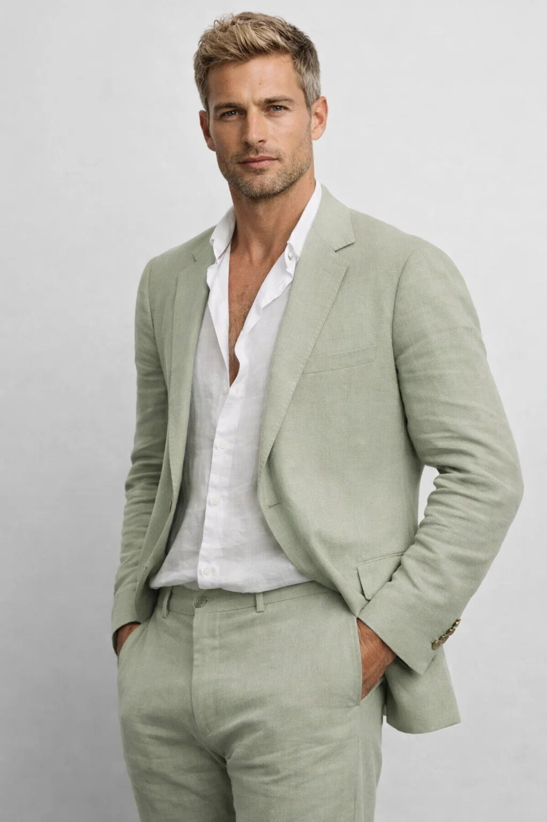 Męski garnitur dwuczęściowy jasnoniebieski. Marynarka i spodnie slim fit na lato i wesele. Modny, elegancki.