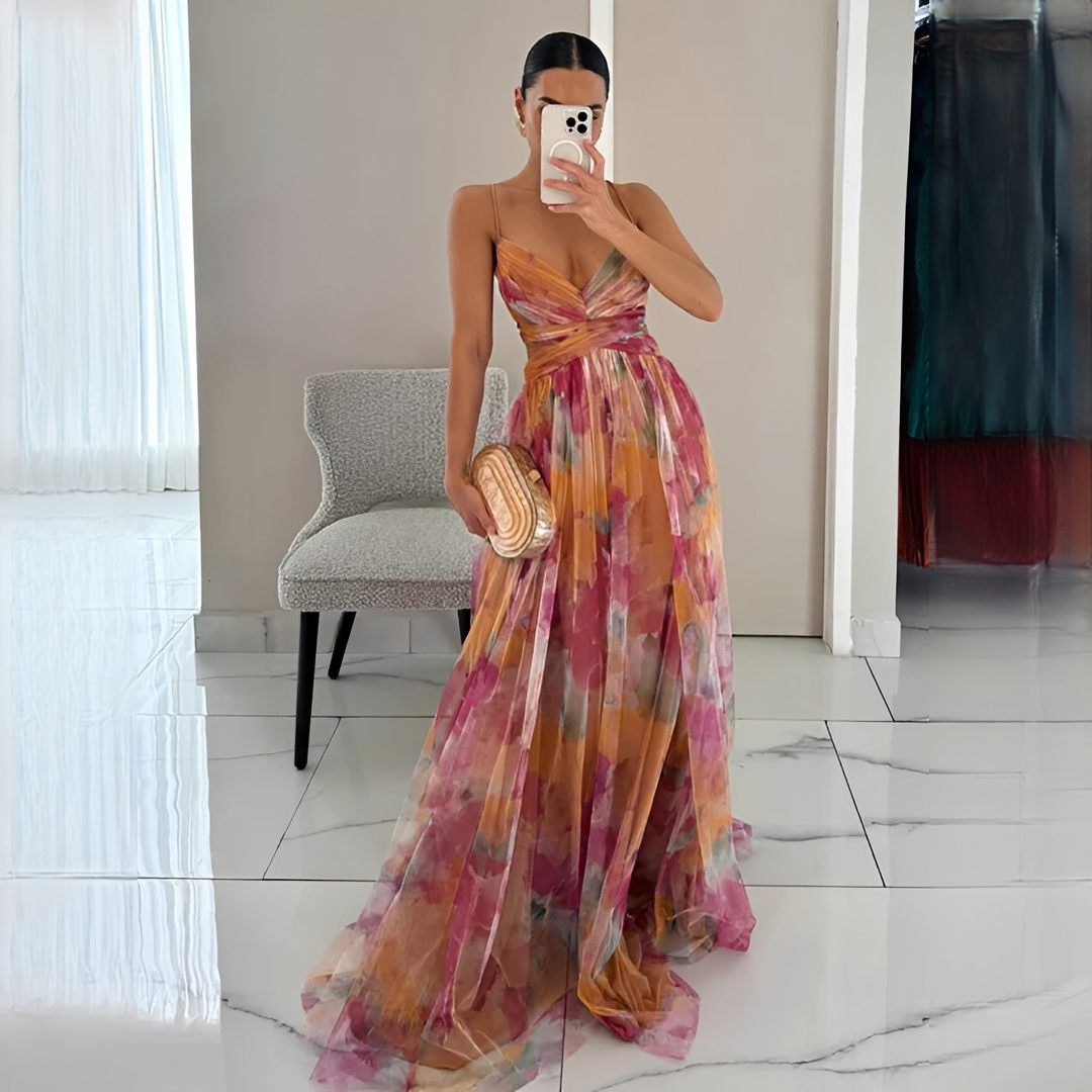 Elegancka sukienka maxi damska wzorzysta w różowo-zielone kwiaty, idealna na lato, wesele lub imprezę.