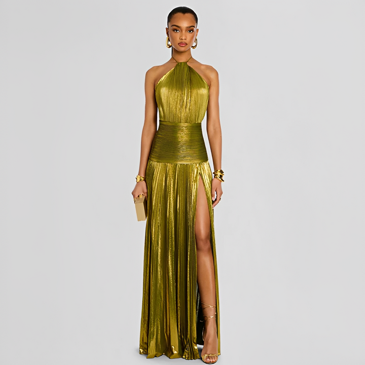 Zielona damska plisowana sukienka maxi z eleganckim rozcięciem. Idealna na lato i imprezę.