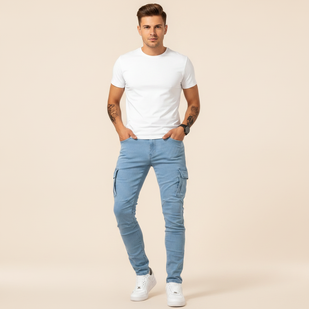 Męskie spodnie cargo slim-fit w kolorze beżowym, idealne do casualowych stylizacji. Wygodne i modne.