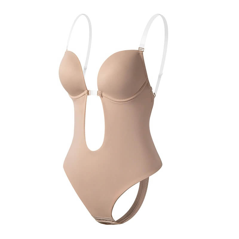 Damskie body shaper bezszwowe, modelujące sylwetkę, z głębokim dekoltem V i odkrytymi plecami, komfortowe i eleganckie.