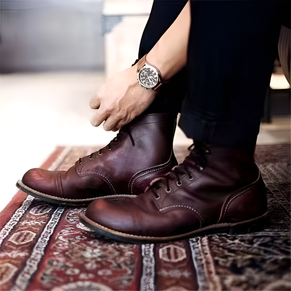 Detal męskich botków sznurowanych w stylu retro. Wysokiej jakości obuwie casual i eleganckie.
