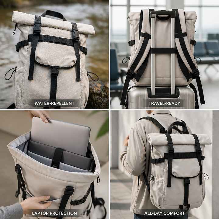 Plecak miejski rolltop do pracy i szkoły, uniwersalny, z ochronną przegrodą na laptopa. Wodoodporny.