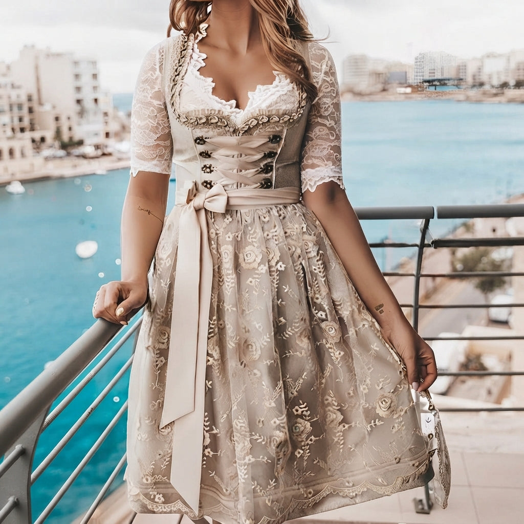Elegancki beżowy dirndl damski midi, tradycyjna sukienka idealna na Oktoberfest i szykowne uroczystości.
