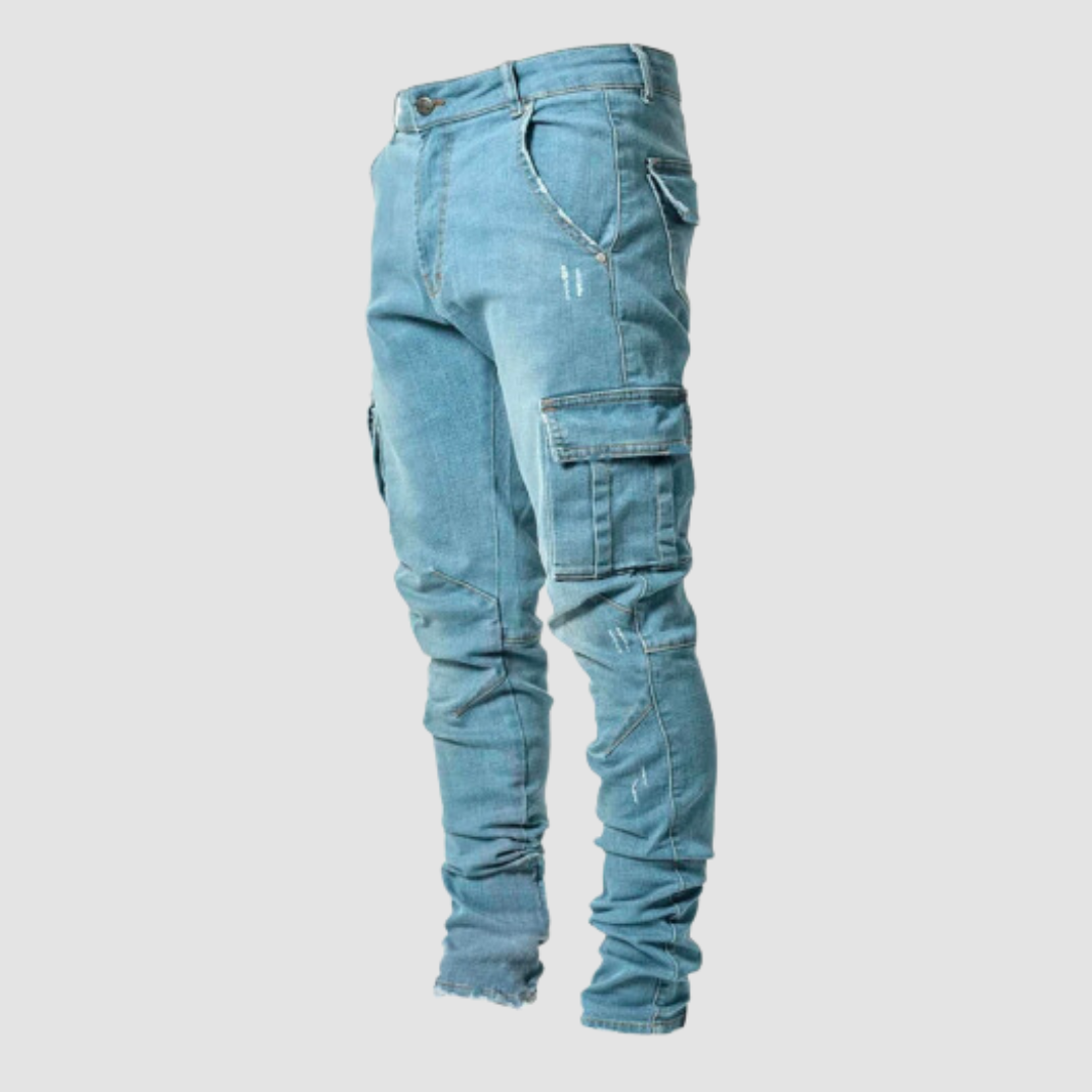 Męskie jeansy cargo slim fit. Idealne na lato, w stylu streetwear i casual. Wygodne i modne.