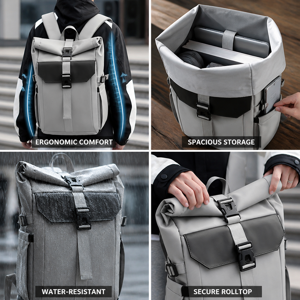 Ergonomiczny plecak rolltop unisex z wyściełanymi plecami, komfortowy na uczelnię i do pracy.