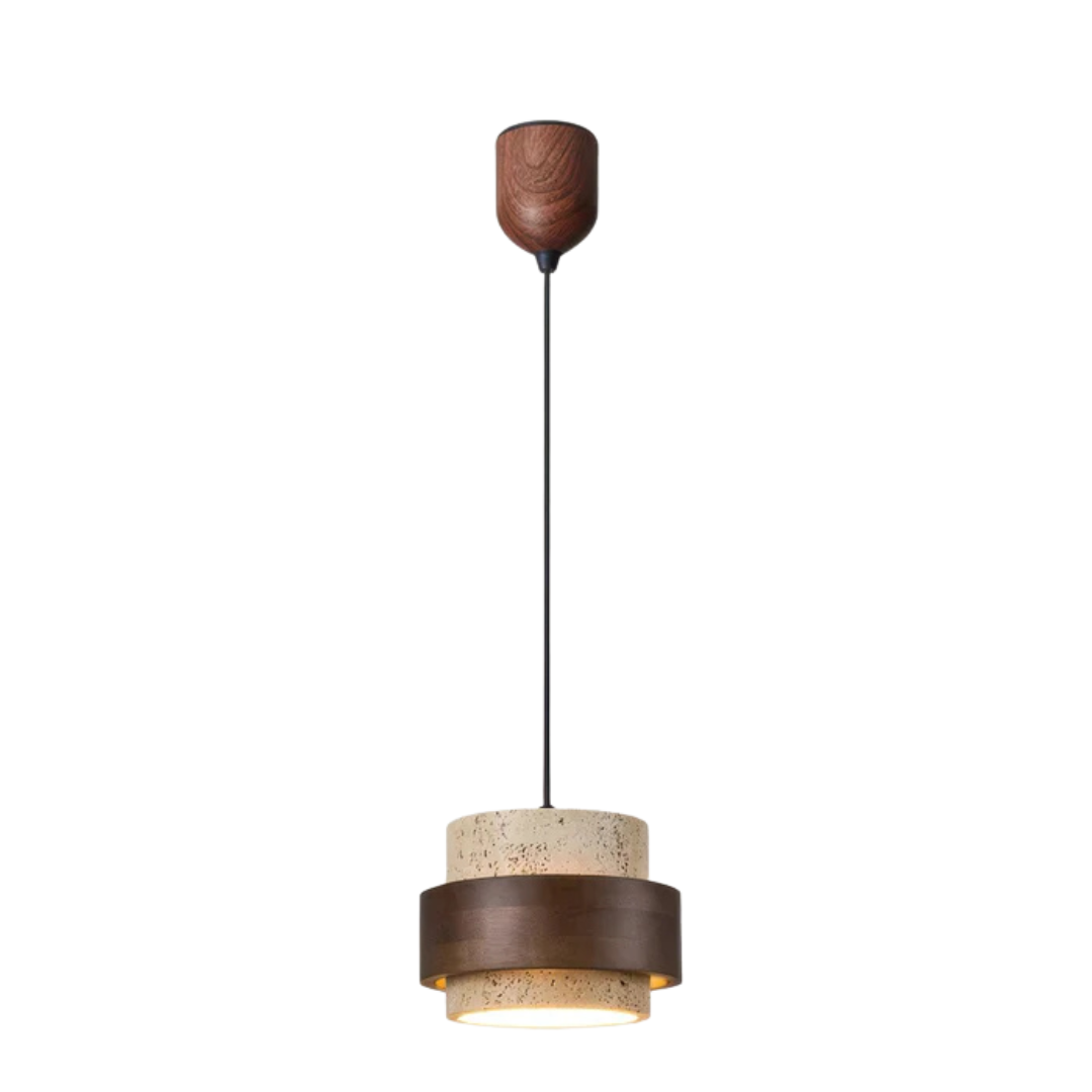 Elegancka lampa Wabi Sabi, oświetlenie sufitowe do jadalni. Połączenie drewna i trawertynu dla minimalistycznego wnętrza.