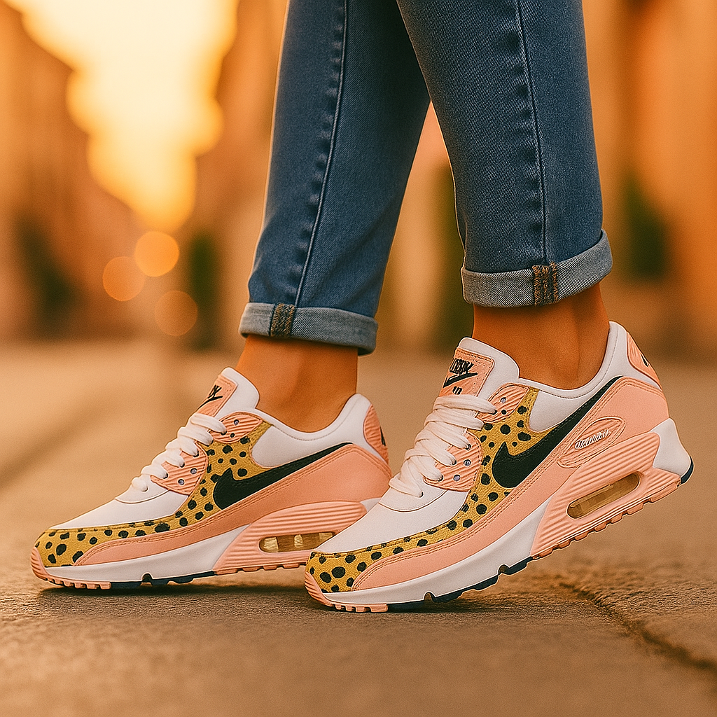 Stylowe różowe buty damskie w cętki leoparda, uniwersalne i komfortowe obuwie na każdą porę roku.