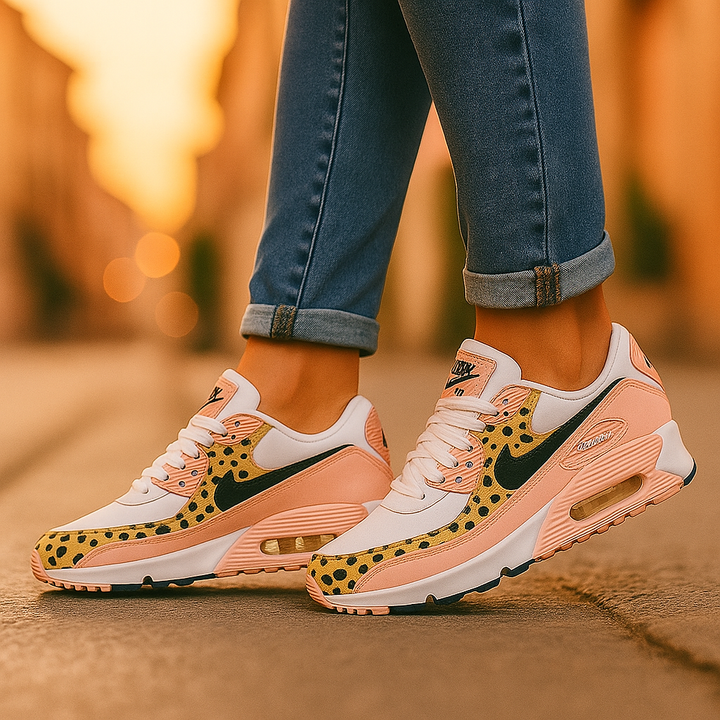 Stylowe różowe buty damskie w cętki leoparda, uniwersalne i komfortowe obuwie na każdą porę roku.