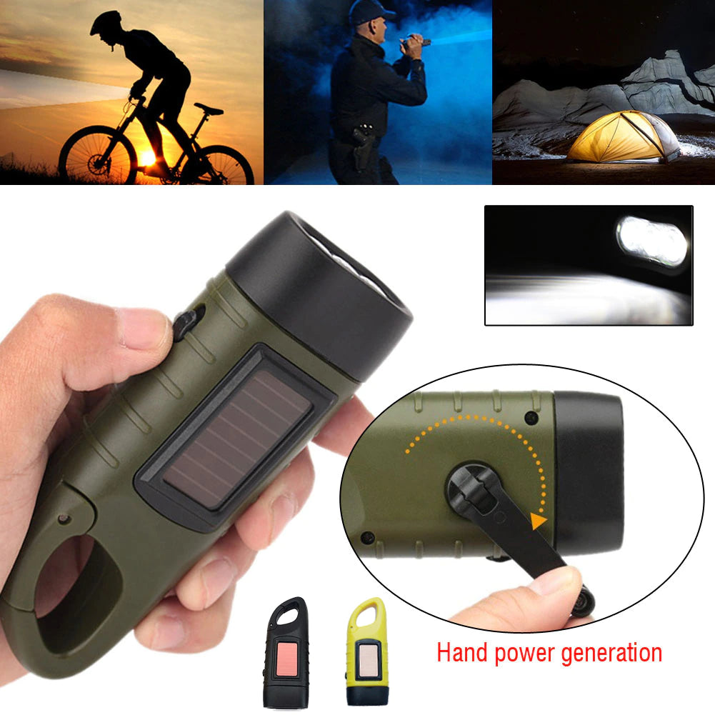 Latarka survivalowa LED z korbką i panelem solarnym. Idealna na kemping, outdoor i w sytuacjach awaryjnych.
