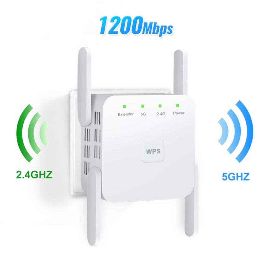 Czarny wzmacniacz sygnału WiFi dwupasmowy (2.4/5GHz) do gniazdka. Zwiększ zasięg sieci i szybki internet w domu.