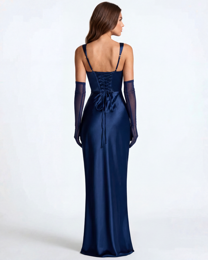 Sukienka maxi gorsetowa, satynowa. Modna i elegancka kreacja z kwadratowym dekoltem.