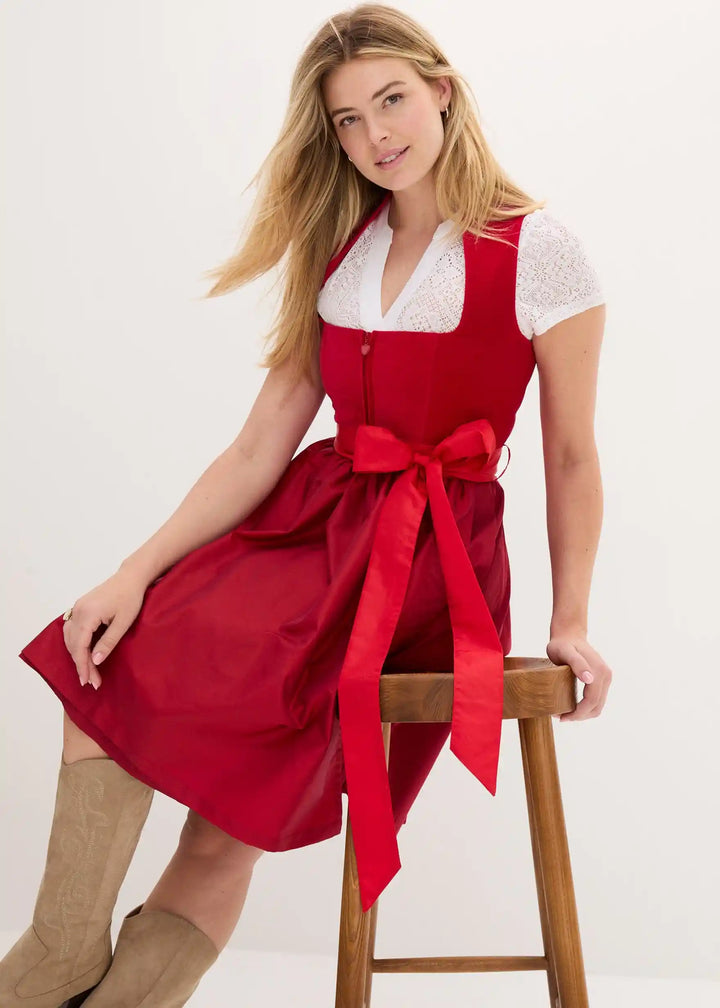 Bawarska sukienka dirndl midi. Tradycyjny strój ludowy dla kobiet, idealny na Oktoberfest i uroczystości.