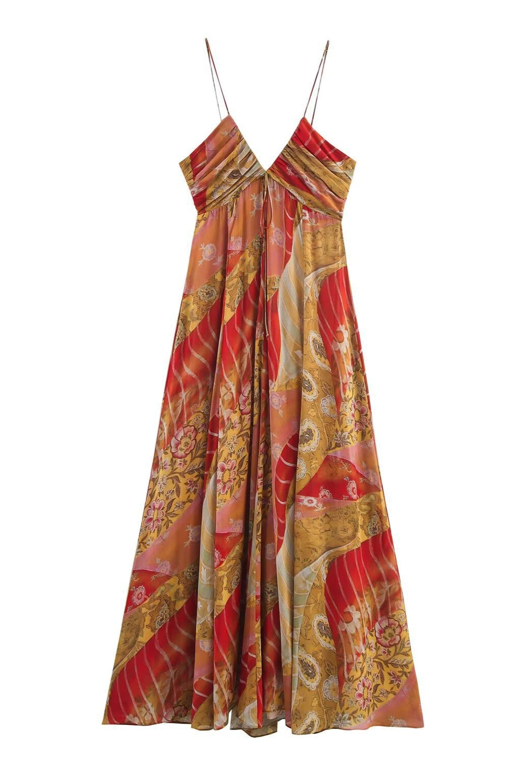 Komfortowa damska sukienka midi boho w kwiaty, czerwona, zwiewna, z dekoltem V, na lato.