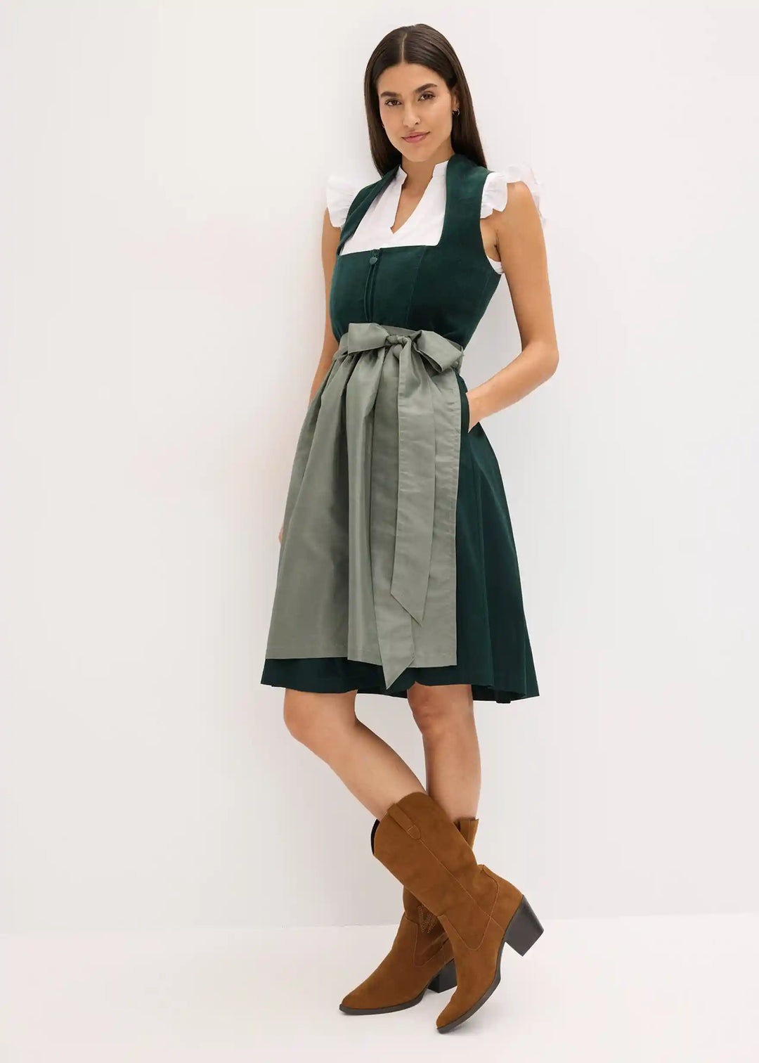 Damska sukienka dirndl midi bez rękawów. Elegancki, tradycyjny strój bawarski na festiwal Oktoberfest.