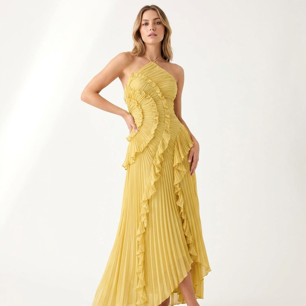Modna damska sukienka midi z plisowanym dołem i wiązaniem halter. Elegancki fason na wieczór.
