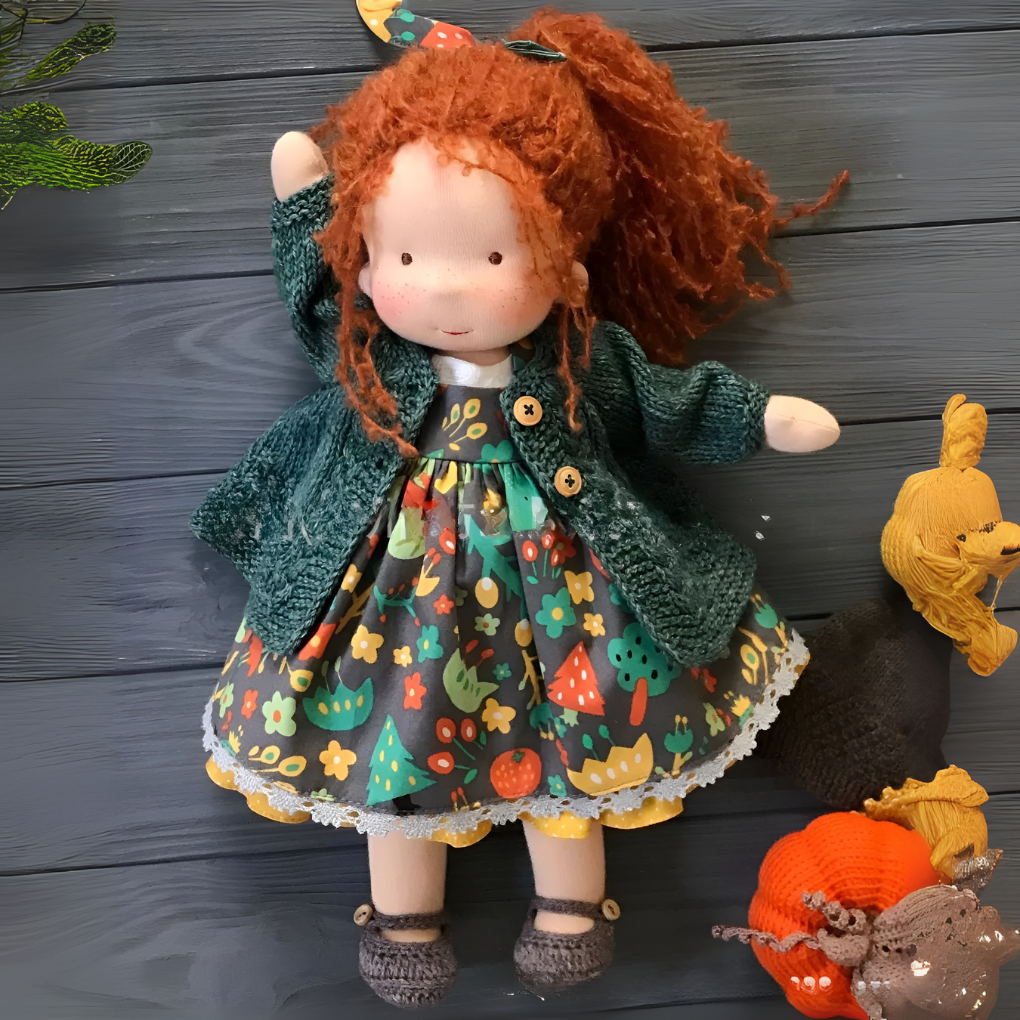 Lalka waldorfska z bliska, ukazująca teksturę bawełny i wełnianych włosów, handmade.