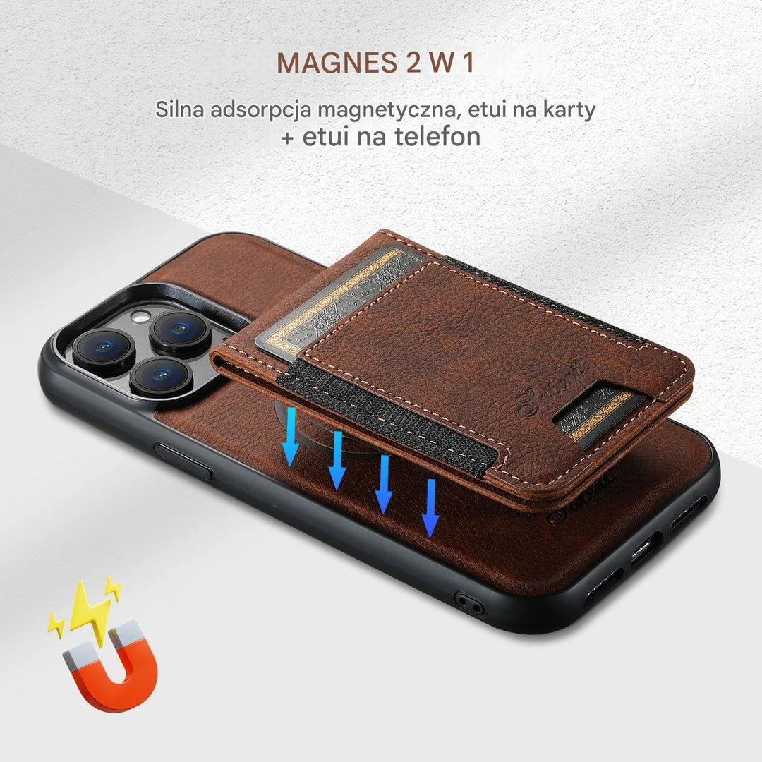 Skórzane etui iPhone z wbudowanym portfelem, miejscem na karty i banknoty. Praktyczny dodatek do Twojego telefonu.