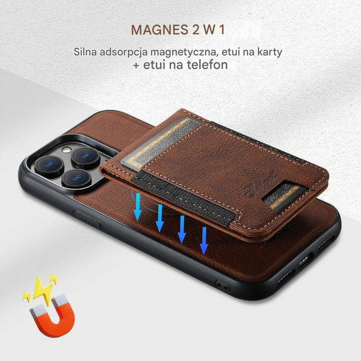 Skórzane etui iPhone z wbudowanym portfelem, miejscem na karty i banknoty. Praktyczny dodatek do Twojego telefonu.