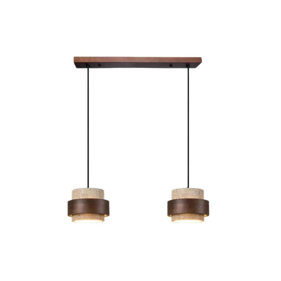 Detal: Lampa wisząca Wabi Sabi. Unikalne oświetlenie retro LED z drewna i trawertynu, podkreśla nowoczesny design.