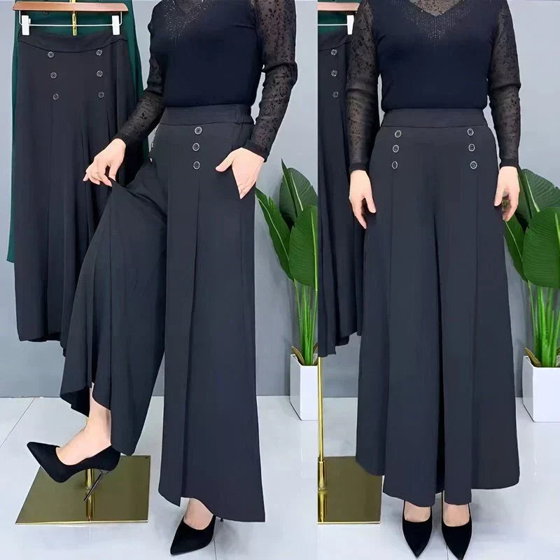 Eleganckie spodnie wide leg dla kobiet, z elastycznym pasem, komfortowe, do biura.
