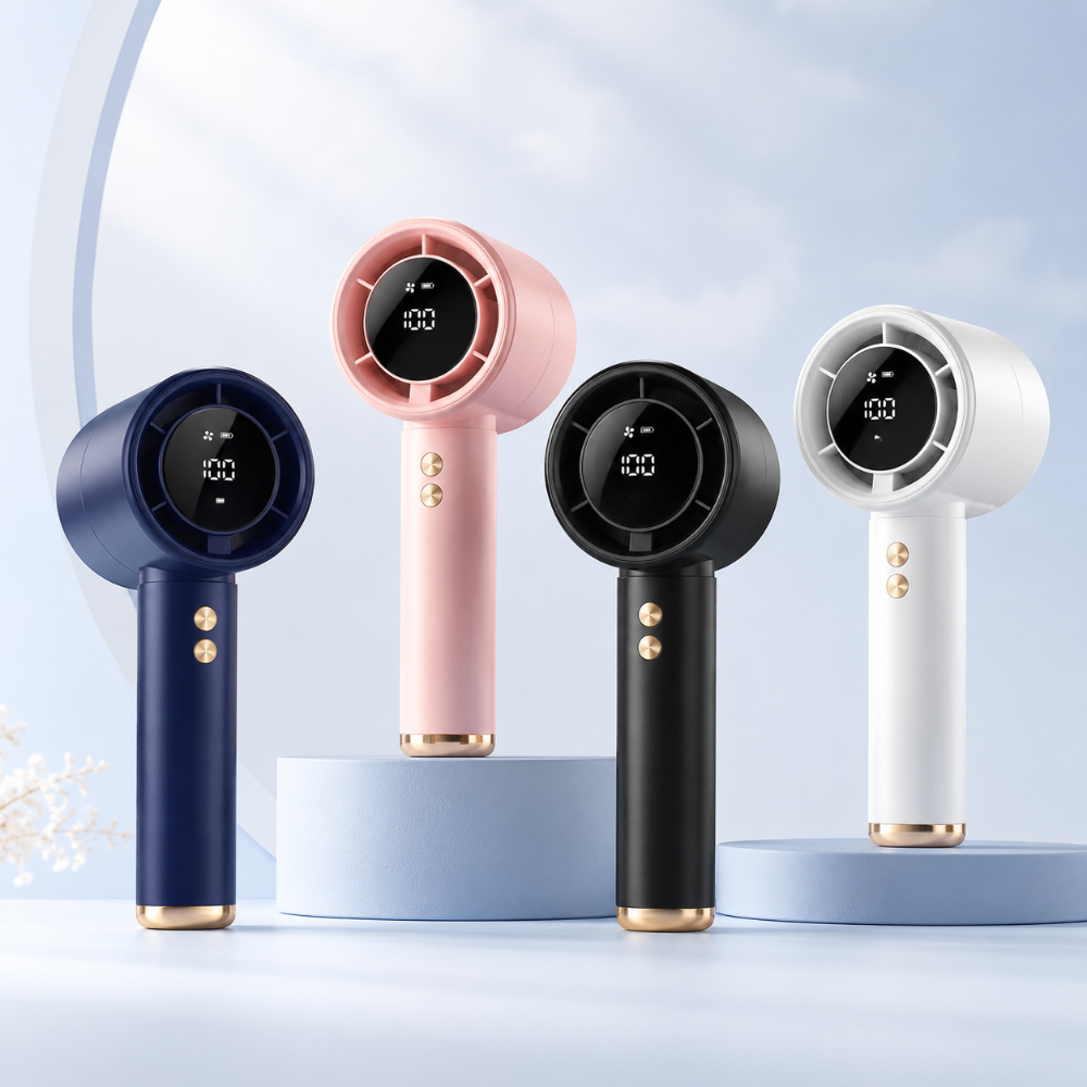 Przenośny wentylator turbinowy z LCD i USB-C. Idealny do biura i podróży, skuteczne chłodzenie.