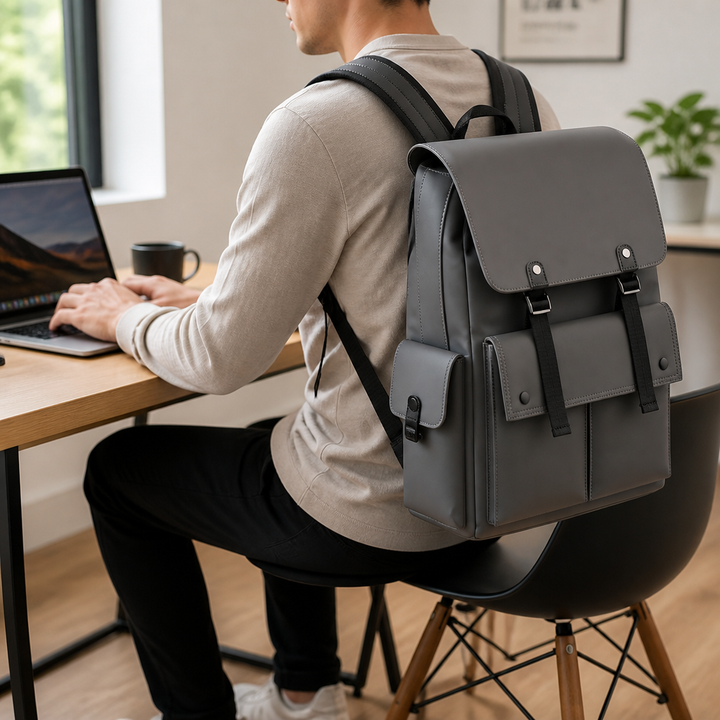 Tył ergonomicznego plecaka na laptopa 15 cali z regulowanymi szelkami, zapewnia komfort noszenia do szkoły.