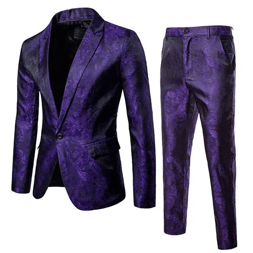 Luksusowy męski garnitur slim fit z żakardowej tkaniny, widoczne detale materiału. Elegancki i biznesowy.